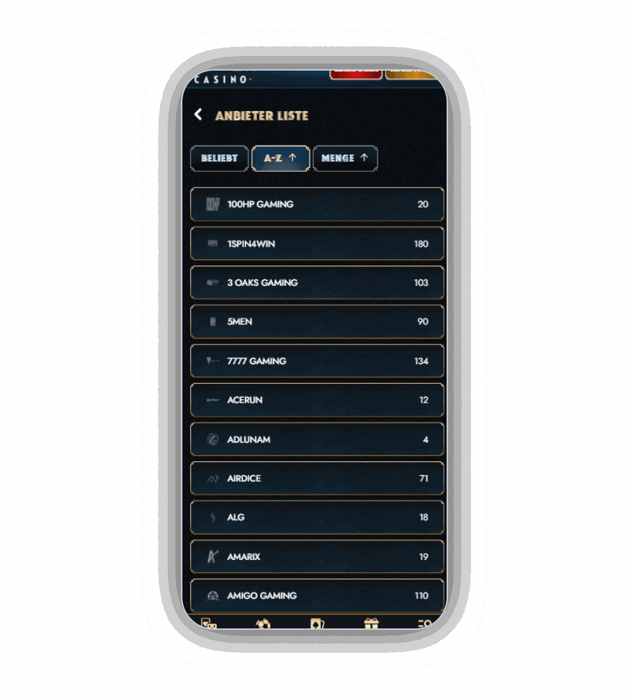 Anbieter-Liste mit alphabetischer Sortierung und sichtbaren Mengen