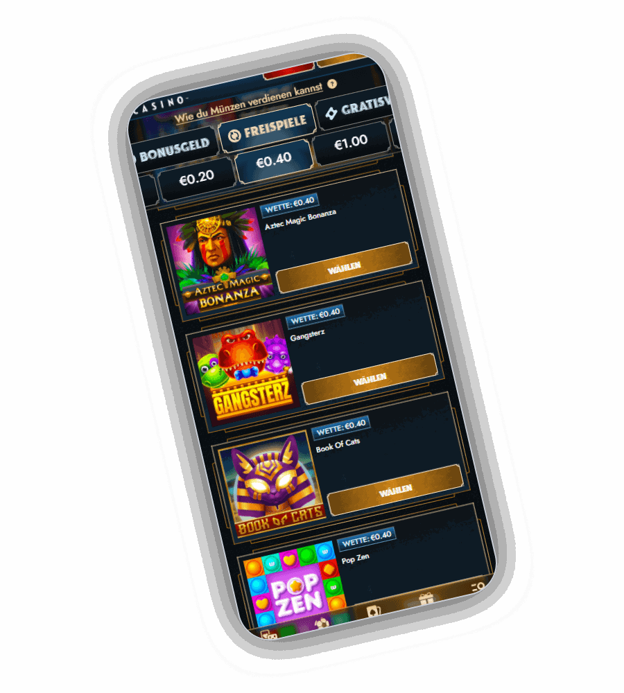 Bonus-Shop mit aktivem Freispiel-Reiter und Einsatzfilter €0.40